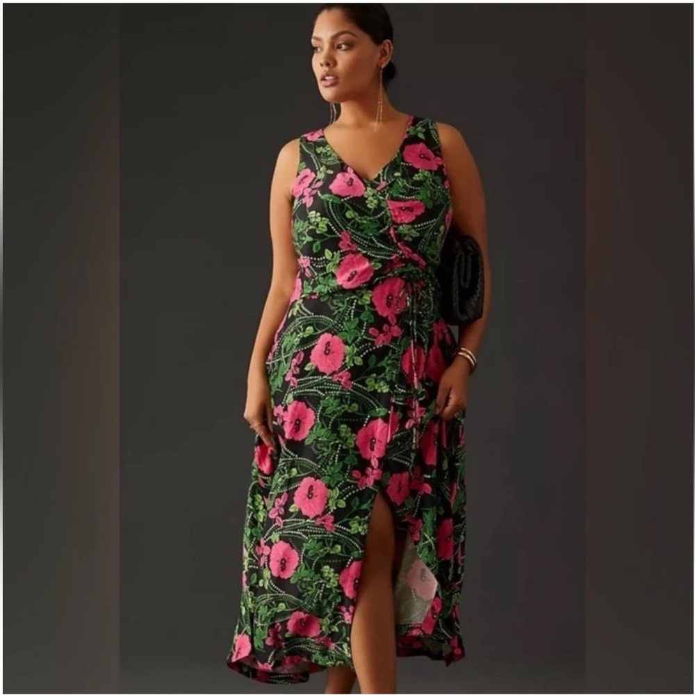 Maeve Black Maxi Dress with Pink Floral Print